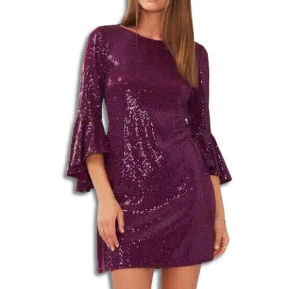 Vince Camuto Sequin Sheath Dress Flounce Sleeves Rounded Neckline Purple L NWT - Picture 1 of 10